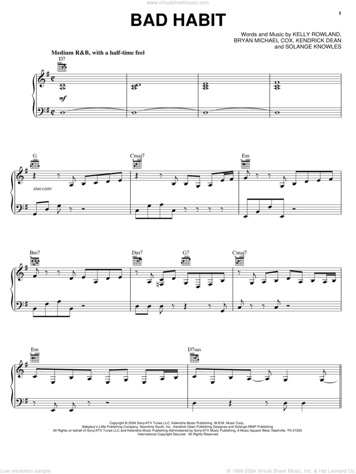 Bad Habit sheet music for voice, piano or guitar by Destiny's Child, Bryan Michael Cox, Kelly Rowland, Kendrick Dean and Solange Knowles, intermediate skill level