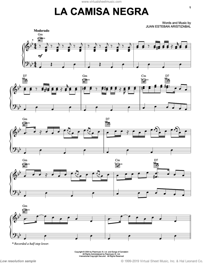 La Camisa Negra sheet music for voice, piano or guitar by Juanes and Juan Esteban Aristizabal, intermediate skill level