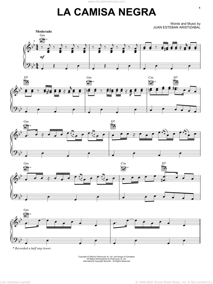 La Camisa Negra sheet music for voice, piano or guitar by Juanes and Juan Esteban Aristizabal, intermediate skill level