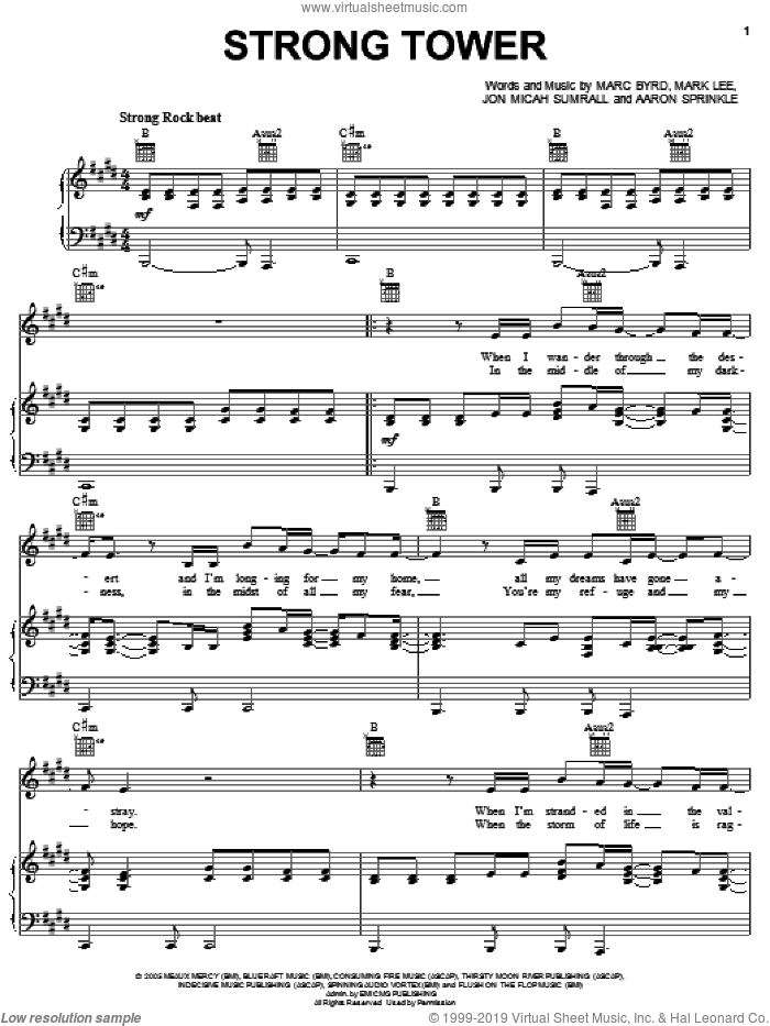 Strong Tower sheet music for voice, piano or guitar by Kutless, Aaron Sprinkle, Jon Micah Sumrall, Marc Byrd and Mark Lee, intermediate skill level
