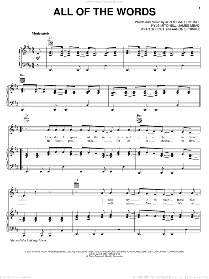 All Of The Words sheet music for voice, piano or guitar by Kutless, Aaron Sprinkle, James Mead, Jon Micah Sumrall, Kyle Mitchell and Ryan Shrout, intermediate skill level