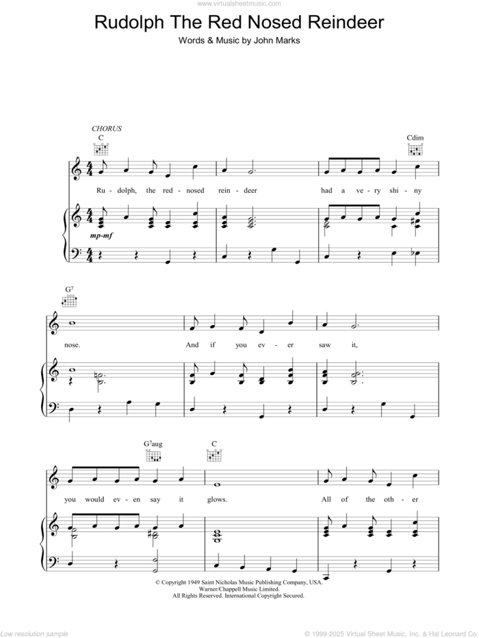 Rudolph The Red-Nosed Reindeer sheet music for voice, piano or guitar by Johnny Marks, intermediate skill level