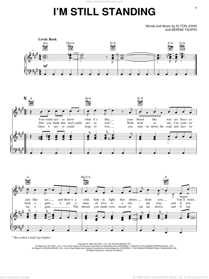 I'm Still Standing sheet music for voice, piano or guitar by Elton John and Bernie Taupin, intermediate skill level