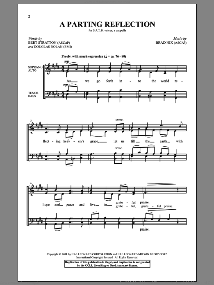 A Parting Reflection sheet music for choir (SATB: soprano, alto, tenor, bass) by Brad Nix, Bert Stratton and Douglas Nolan, intermediate skill level