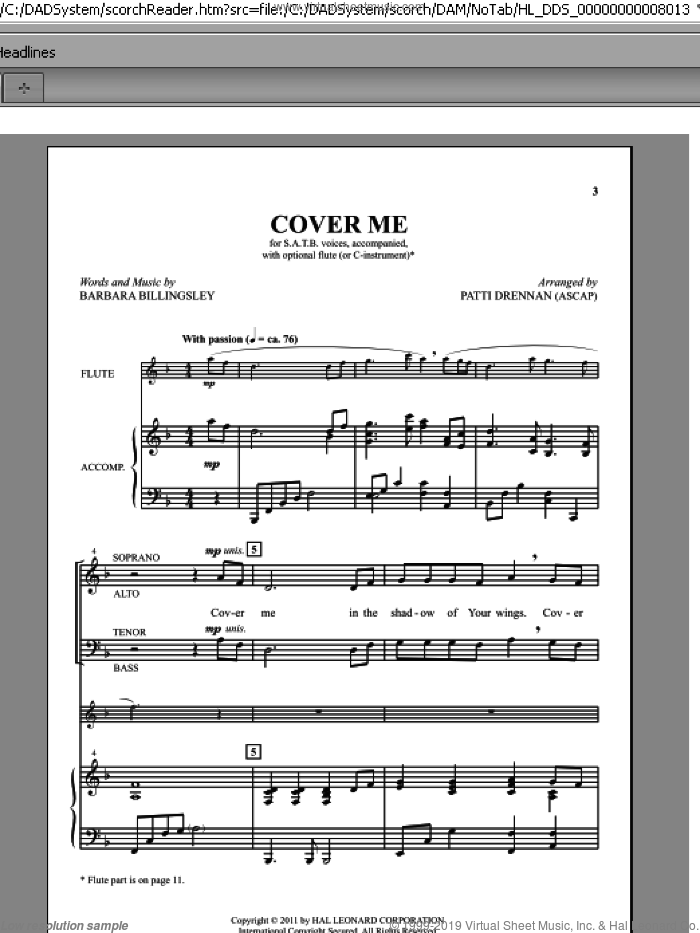 Cover Me sheet music for choir (SATB: soprano, alto, tenor, bass) by Patti Drennan and Barbara Billingsley, intermediate skill level