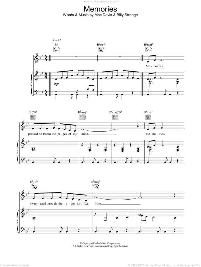 Memories sheet music for voice, piano or guitar by Elvis Presley, Billy Strange and Mac Davis, intermediate skill level