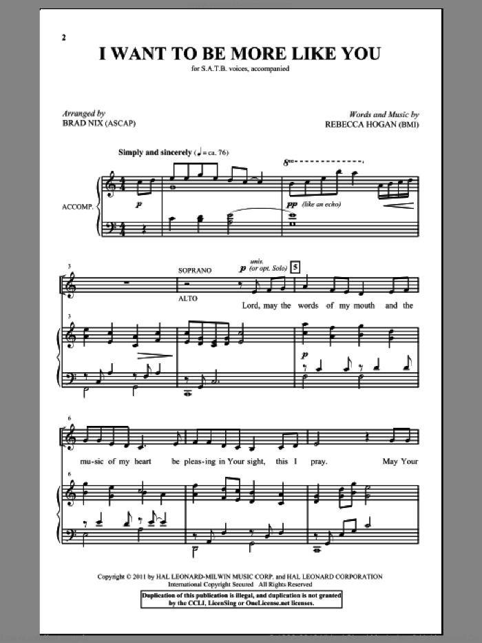 I Want To Be More Like You sheet music for choir (SATB: soprano, alto, tenor, bass) by Rebecca Hogan and Brad Nix, intermediate skill level