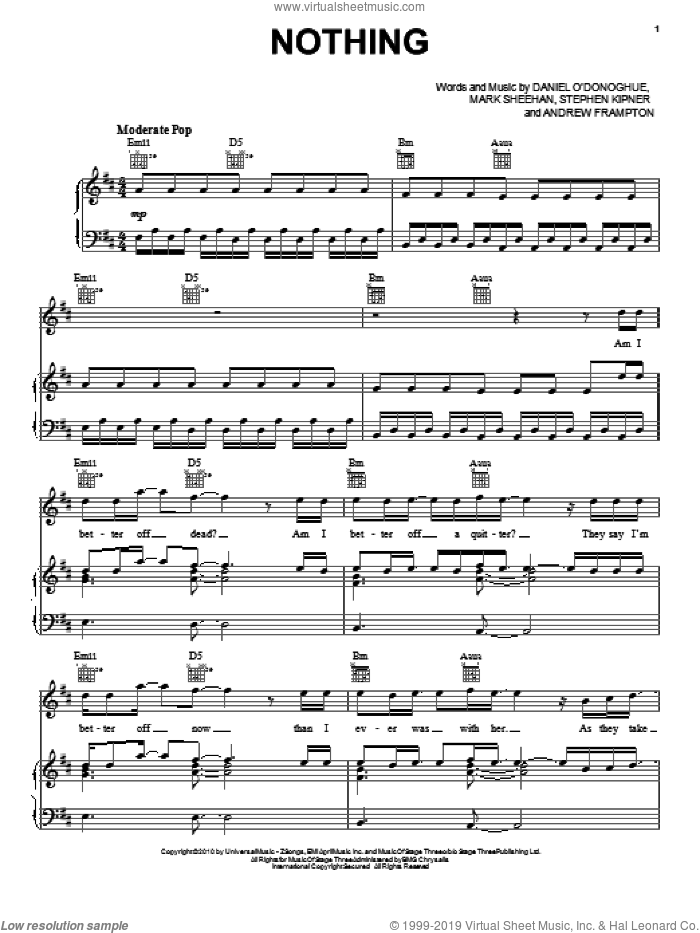 Nothing sheet music for voice, piano or guitar by The Script, Andrew Frampton, Mark Sheehan and Steve Kipner, intermediate skill level