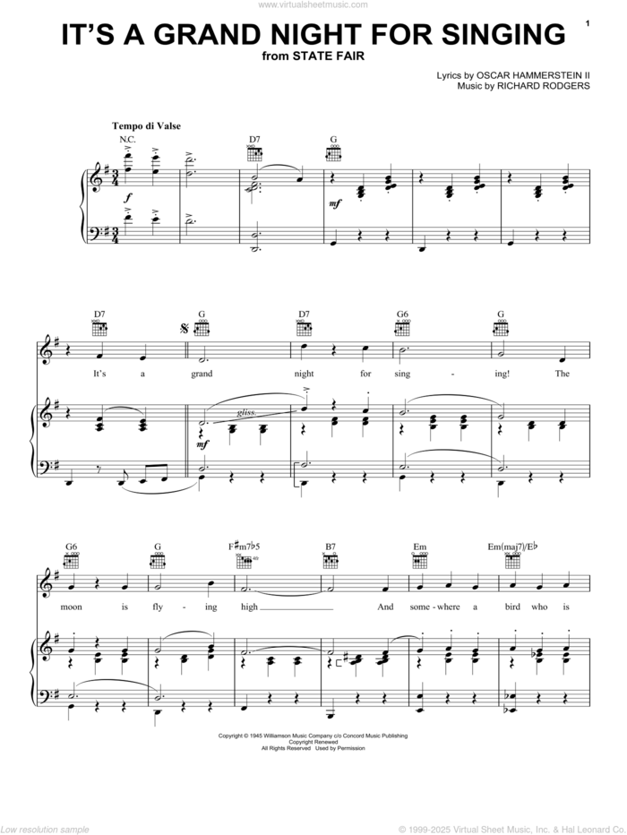 It's A Grand Night For Singing sheet music for voice, piano or guitar by Rodgers & Hammerstein, State Fair (Musical), Oscar II Hammerstein and Richard Rodgers, intermediate skill level