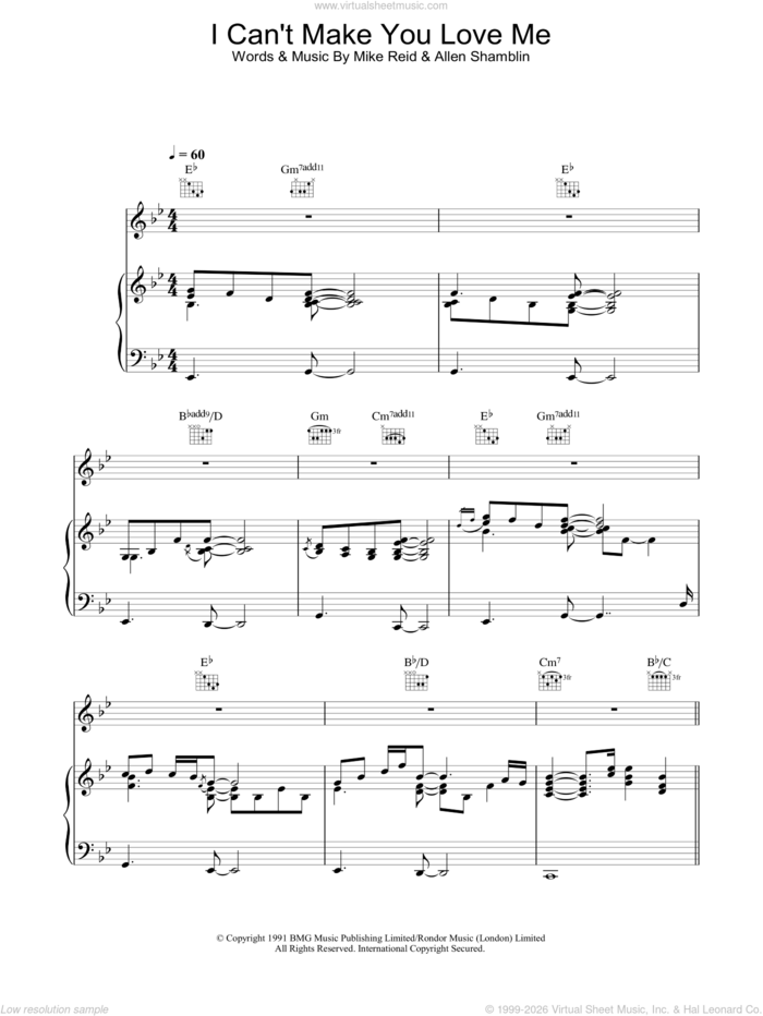 I Can't Make You Love Me sheet music for voice, piano or guitar by Bonnie Raitt, George Michael, Allen Shamblin and Mike Reid, intermediate skill level