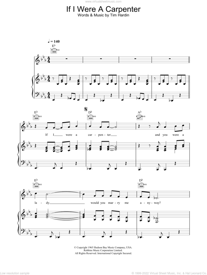 If I Were A Carpenter sheet music for voice, piano or guitar by Bobby Darin and Tim Hardin, intermediate skill level