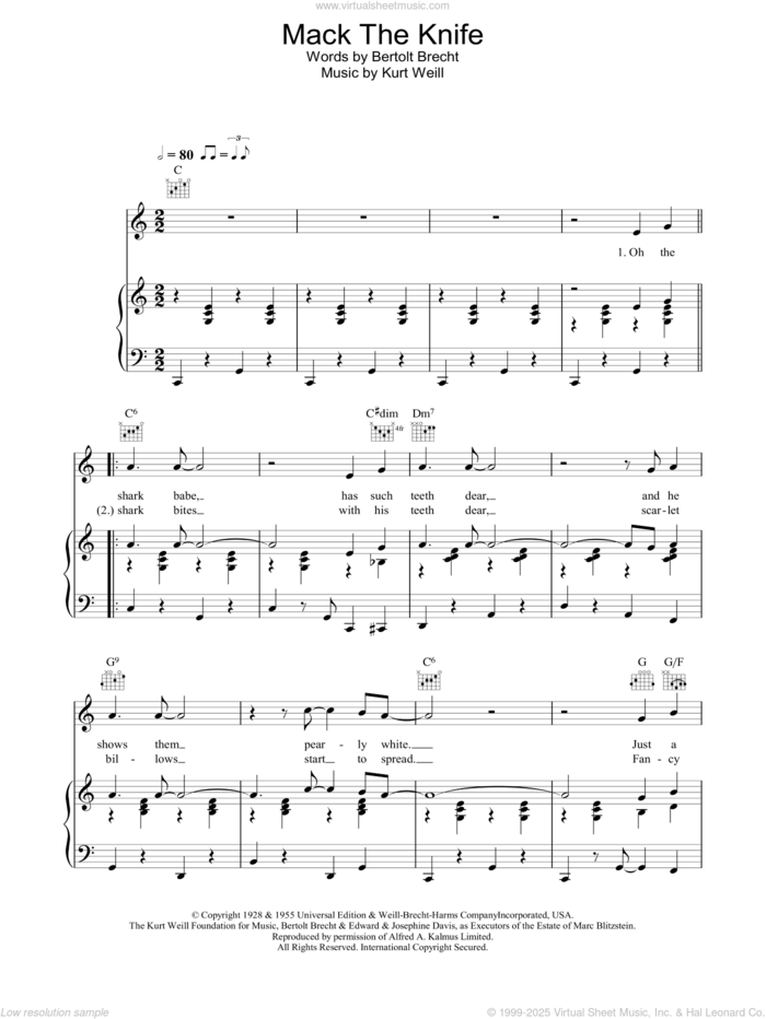 Mack The Knife sheet music for voice, piano or guitar by Bobby Darin, Bertolt Brecht and Kurt Weill, intermediate skill level