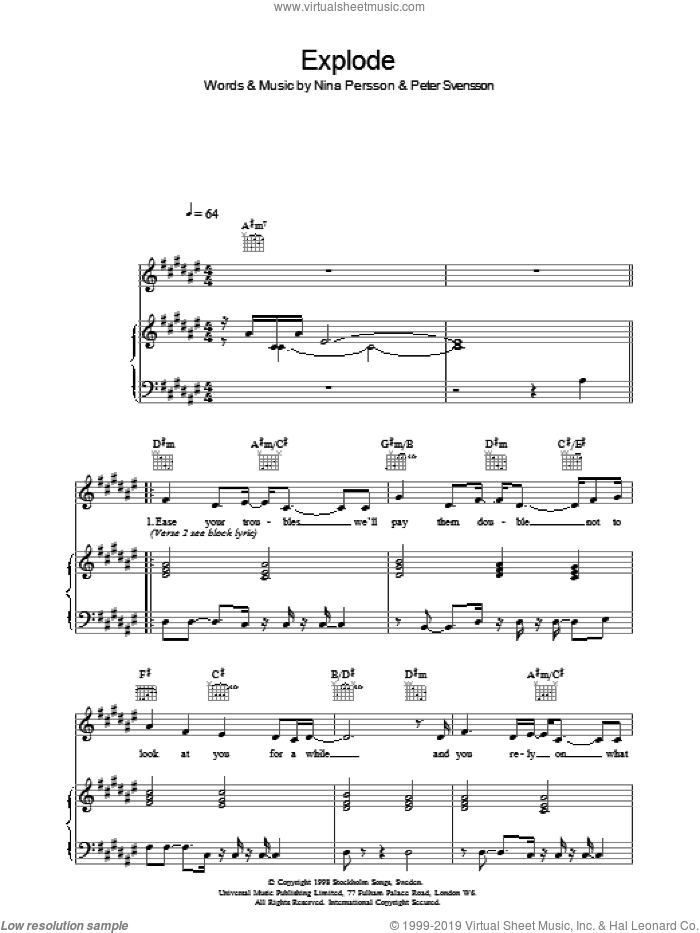 Explode sheet music for voice, piano or guitar by The Cardigans, Nina Persson and Peter Svensson, intermediate skill level