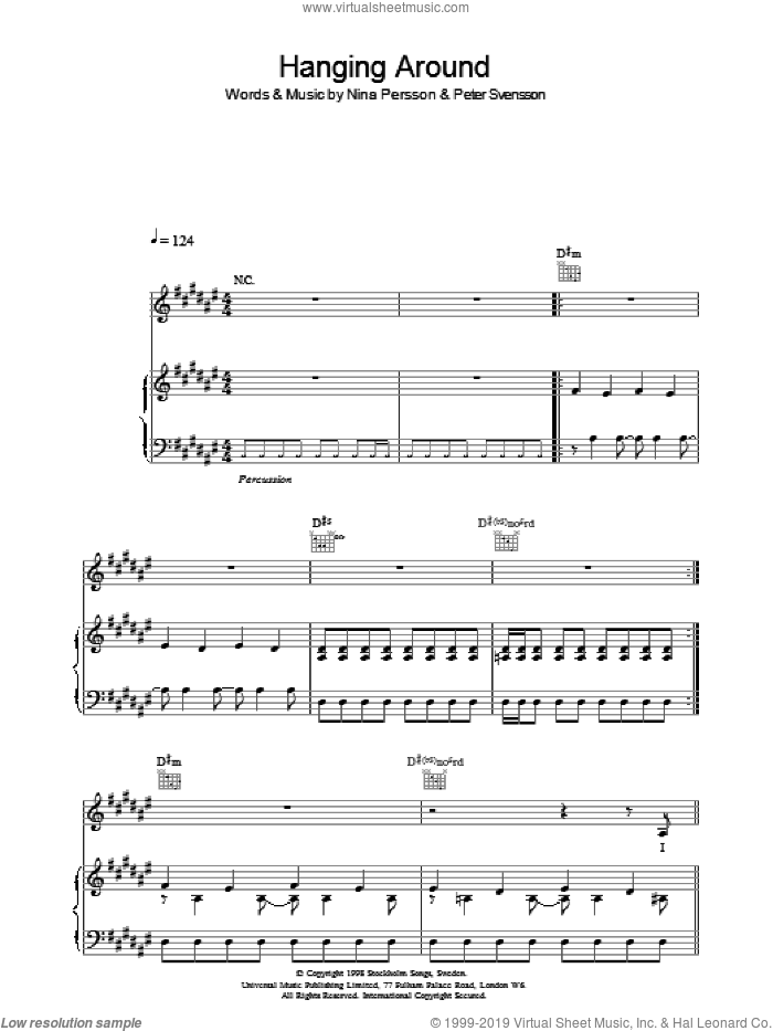 Hanging Around sheet music for voice, piano or guitar by The Cardigans, Nina Persson and Peter Svensson, intermediate skill level