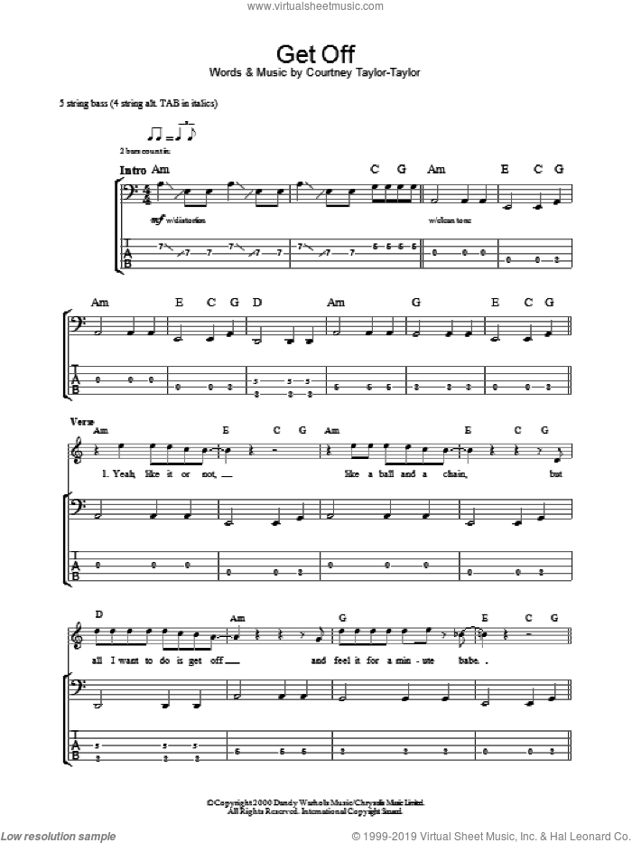 Get Off sheet music for bass (tablature) (bass guitar) by The Dandy Warhols and Courtney Taylor-Taylor, intermediate skill level