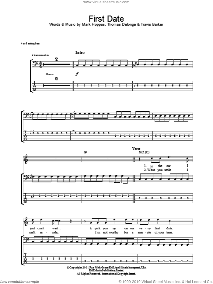 First Date sheet music for bass (tablature) (bass guitar) by Blink-182, Mark Hoppus, Tom DeLonge and Travis Barker, intermediate skill level