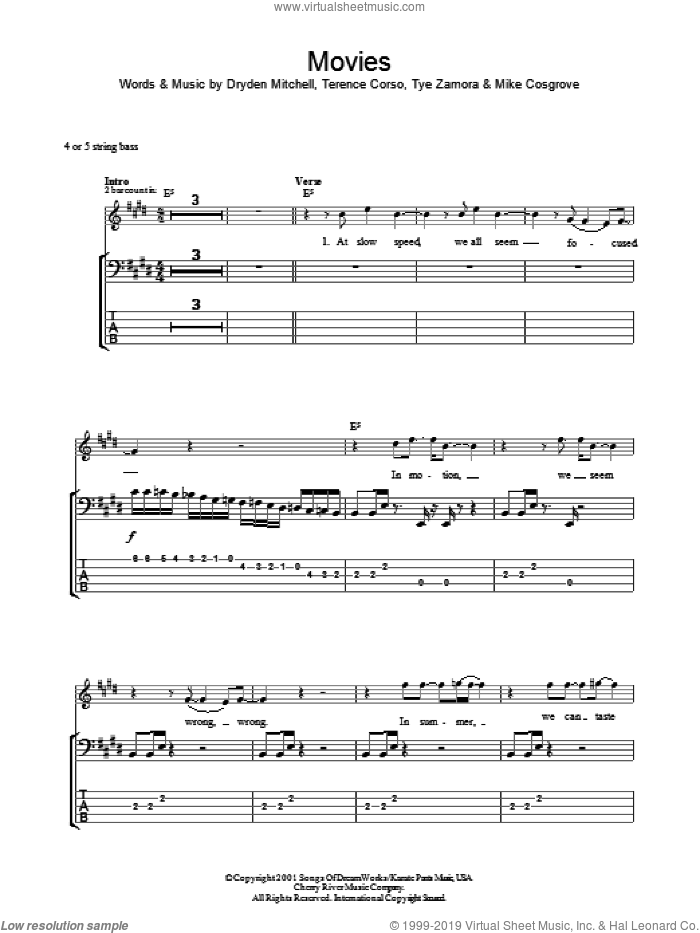Movies sheet music for bass (tablature) (bass guitar) by Alien Ant Farm, Dryden Mitchell, Mike Cosgrove, Terence Corso and Tye Zamora, intermediate skill level