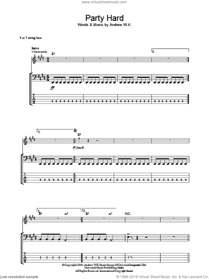 Party Hard sheet music for bass (tablature) (bass guitar) by Andrew W.K., intermediate skill level