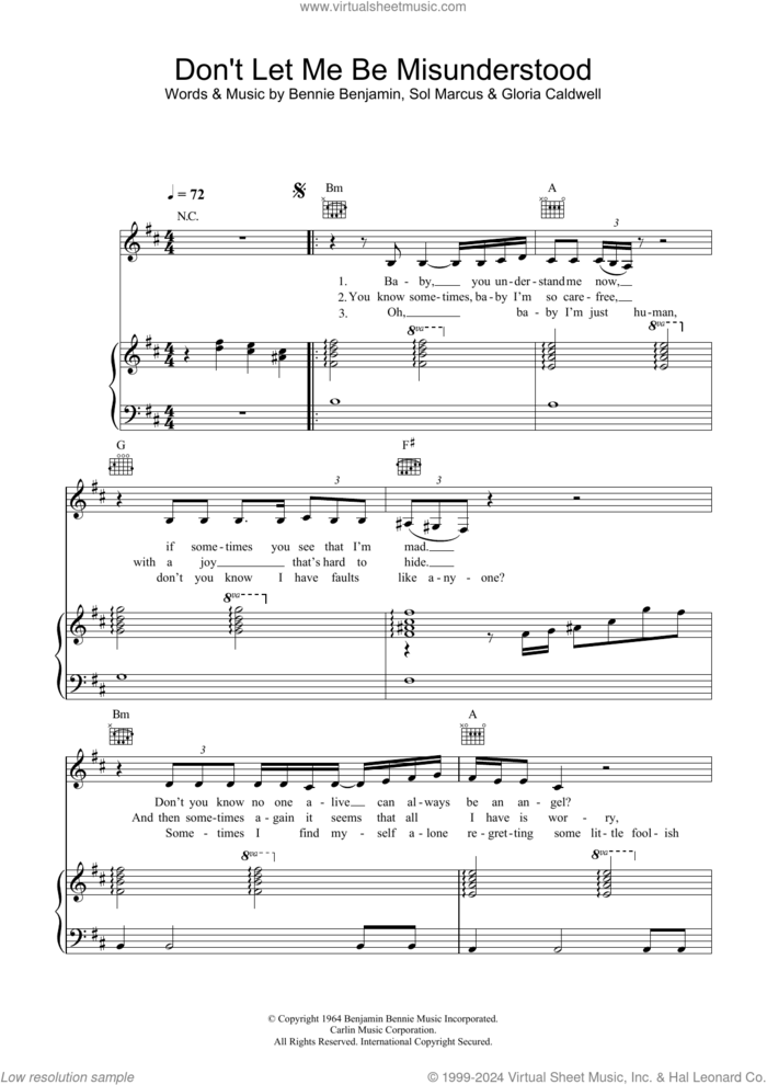 Don't Let Me Be Misunderstood sheet music for voice, piano or guitar by Nina Simone, Bennie Benjamin, Gloria Caldwell and Sol Marcus, intermediate skill level