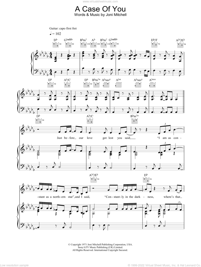 A Case Of You sheet music for voice, piano or guitar by Joni Mitchell, intermediate skill level