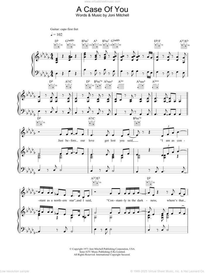 A Case Of You sheet music for voice, piano or guitar by Joni Mitchell, intermediate skill level