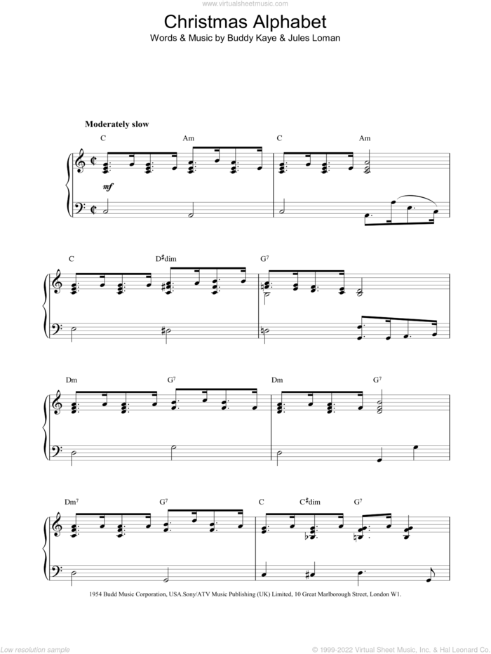 Christmas Alphabet sheet music for piano solo by Paul Brooks, Buddy Kaye and Jules Loman, intermediate skill level
