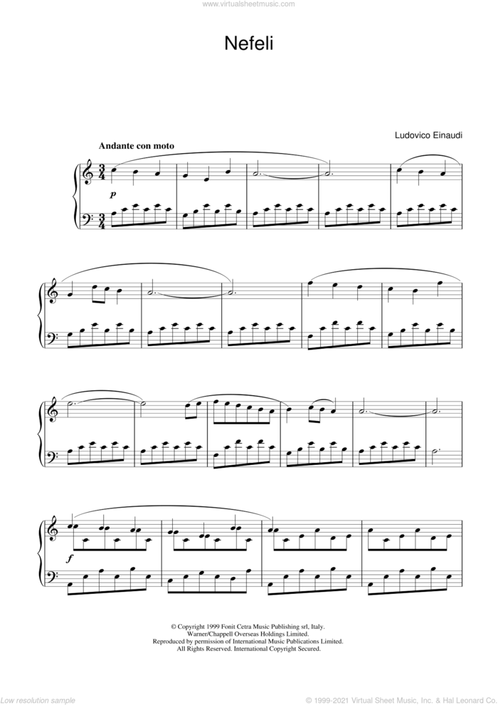 Nefeli sheet music for piano solo by Ludovico Einaudi, classical score, intermediate skill level