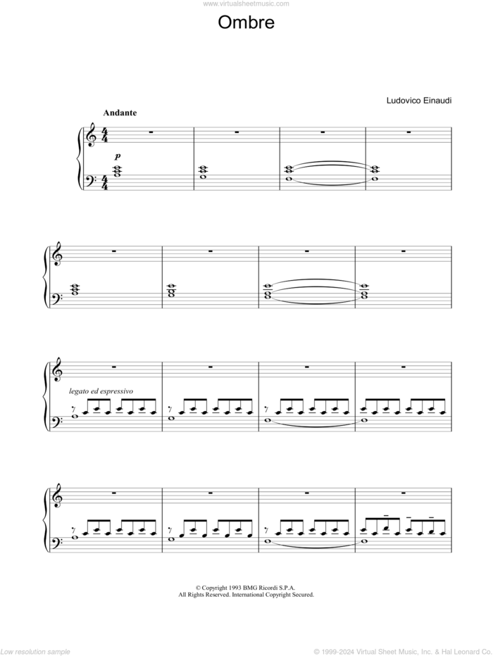 Ombre sheet music for piano solo by Ludovico Einaudi, classical score, intermediate skill level