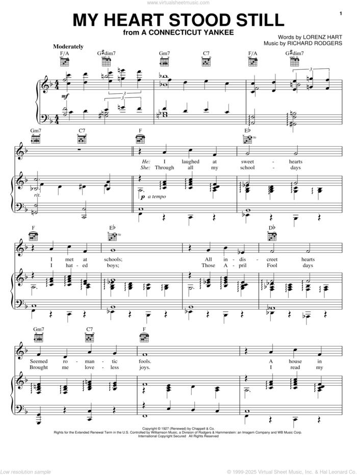 My Heart Stood Still sheet music for voice, piano or guitar by Frank Sinatra, Rodgers & Hart, Lorenz Hart and Richard Rodgers, intermediate skill level