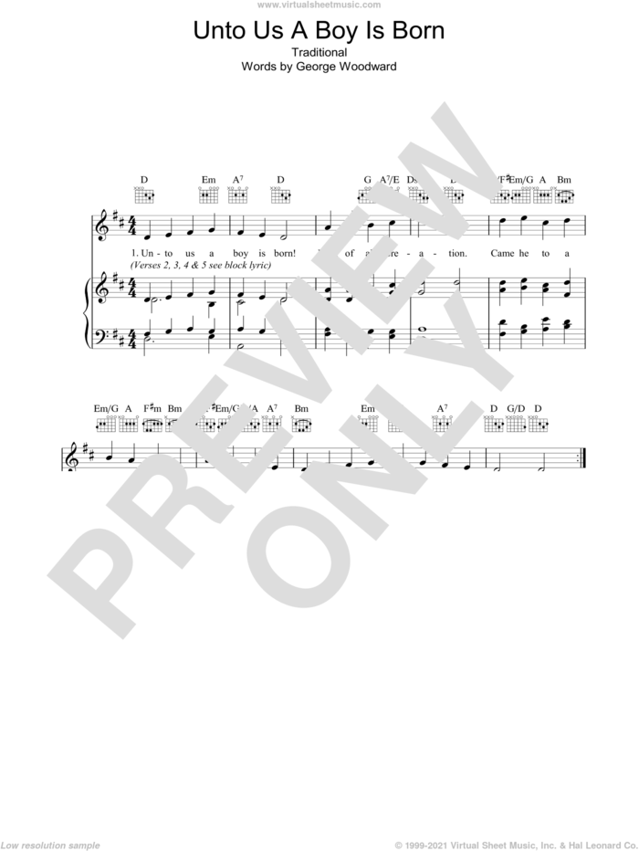 Unto Us A Boy Is Born sheet music for voice, piano or guitar by George Woodward and Miscellaneous, intermediate skill level