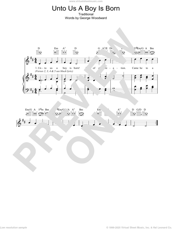 Unto Us A Boy Is Born sheet music for voice, piano or guitar by George Woodward and Miscellaneous, intermediate skill level