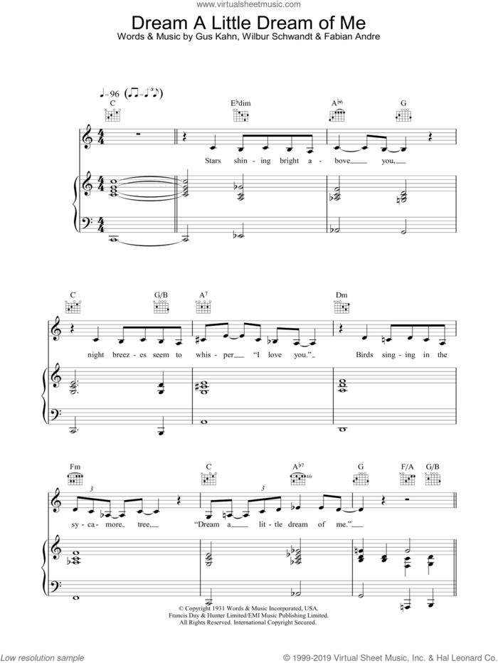 Dream A Little Dream Of Me sheet music for voice, piano or guitar by The Mamas & The Papas, Ella Fitzgerald, Louis Armstrong, Nat King Cole, Fabian Andre, Gus Kahn and Wilbur Schwandt, intermediate skill level