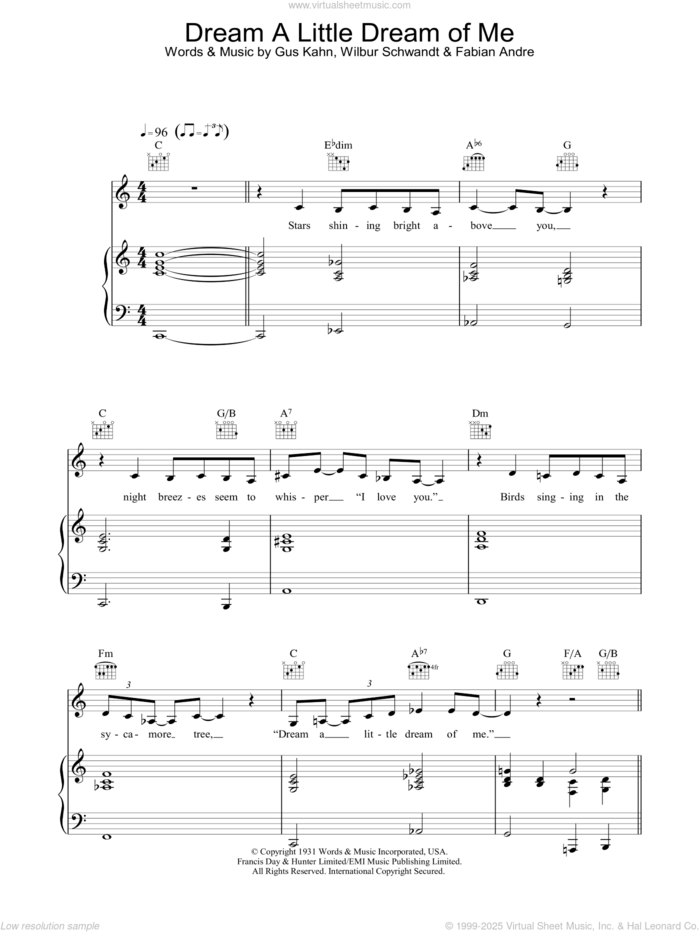 Dream A Little Dream Of Me sheet music for voice, piano or guitar by The Mamas & The Papas, Ella Fitzgerald, Louis Armstrong, Nat King Cole, Fabian Andre, Gus Kahn and Wilbur Schwandt, intermediate skill level