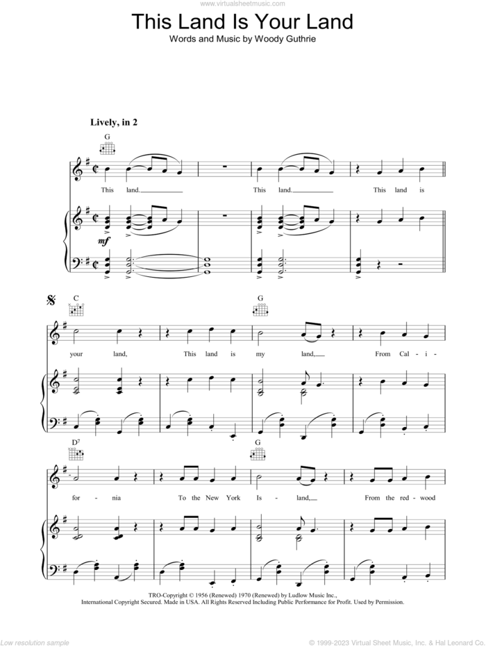 This Land Is Your Land sheet music for voice, piano or guitar by Woody Guthrie, intermediate skill level