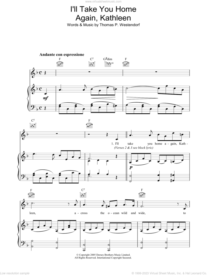 I'll Take You Home Again, Kathleen sheet music for voice, piano or guitar by Thomas Westendorf, intermediate skill level
