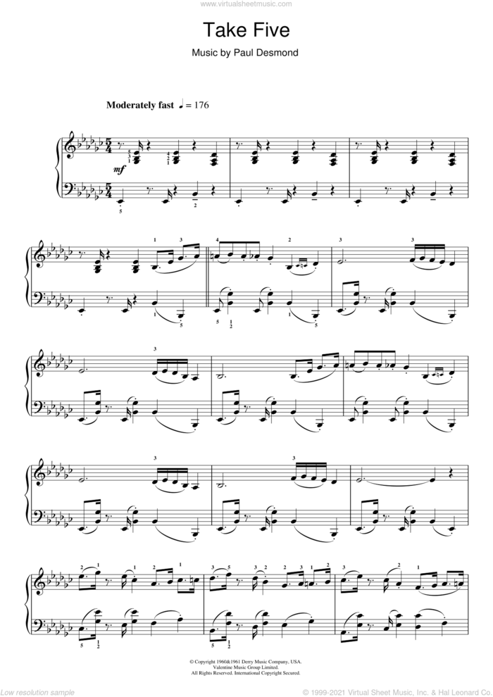 Take Five sheet music for piano solo by Dave Brubeck and Paul Desmond, intermediate skill level