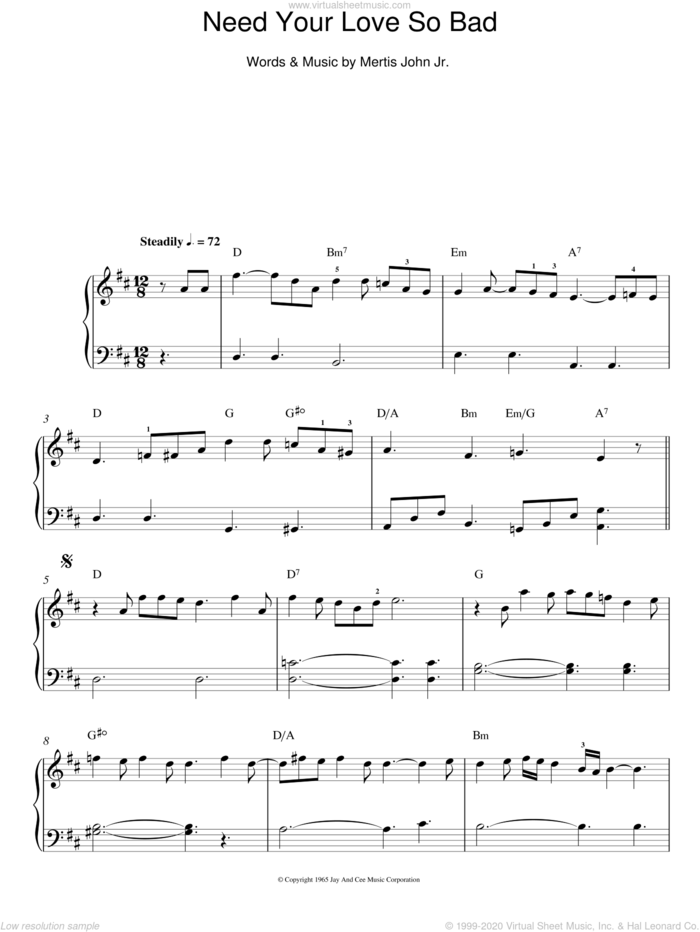 Need Your Love So Bad sheet music for piano solo by Fleetwood Mac and Mertis John Jr., easy skill level