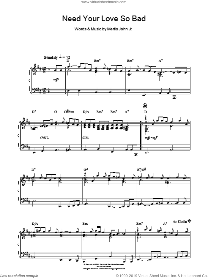 Need Your Love So Bad, (intermediate) sheet music for piano solo by Fleetwood Mac and Mertis John Jr., intermediate skill level