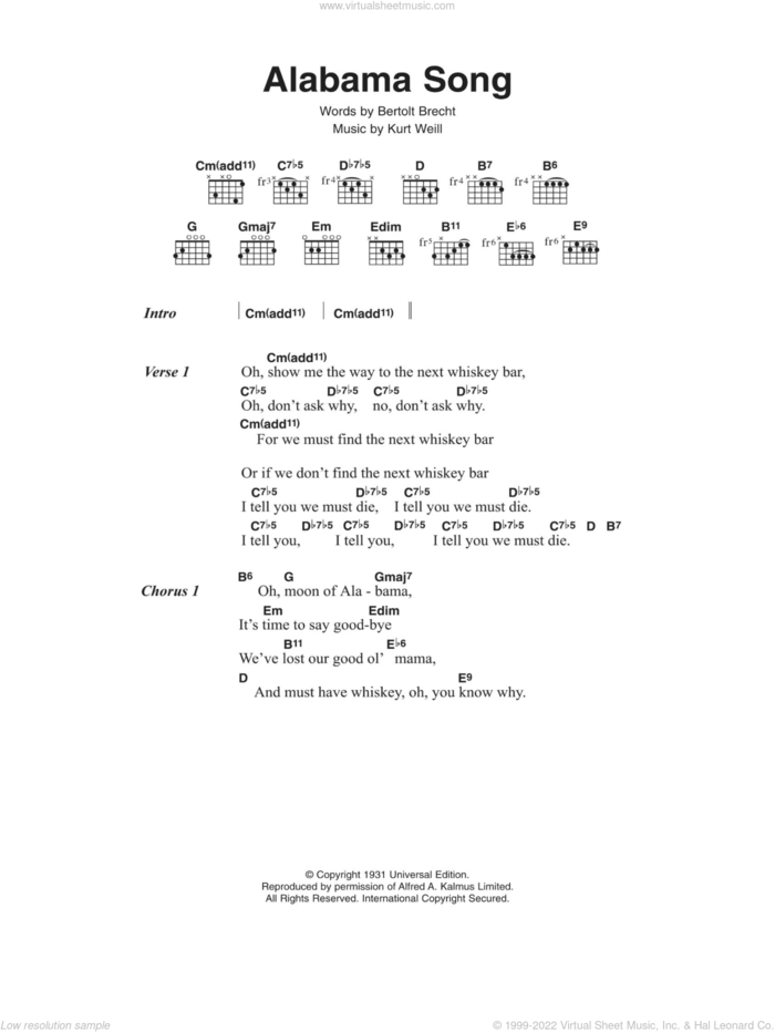 Alabama Song sheet music for guitar (chords) by David Bowie, Bertolt Brecht and Kurt Weill, intermediate skill level