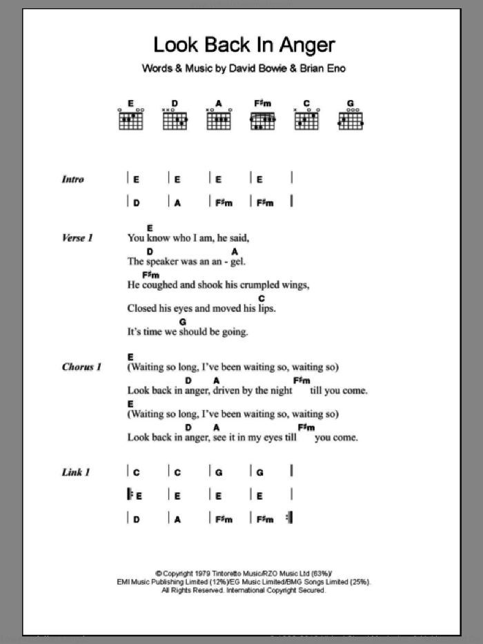Look Back In Anger sheet music for guitar (chords) by David Bowie and Brian Eno, intermediate skill level