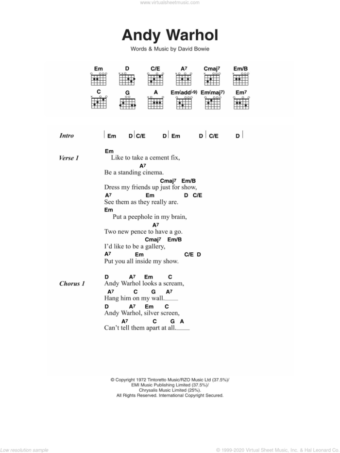 Andy Warhol sheet music for guitar (chords) by David Bowie, intermediate skill level