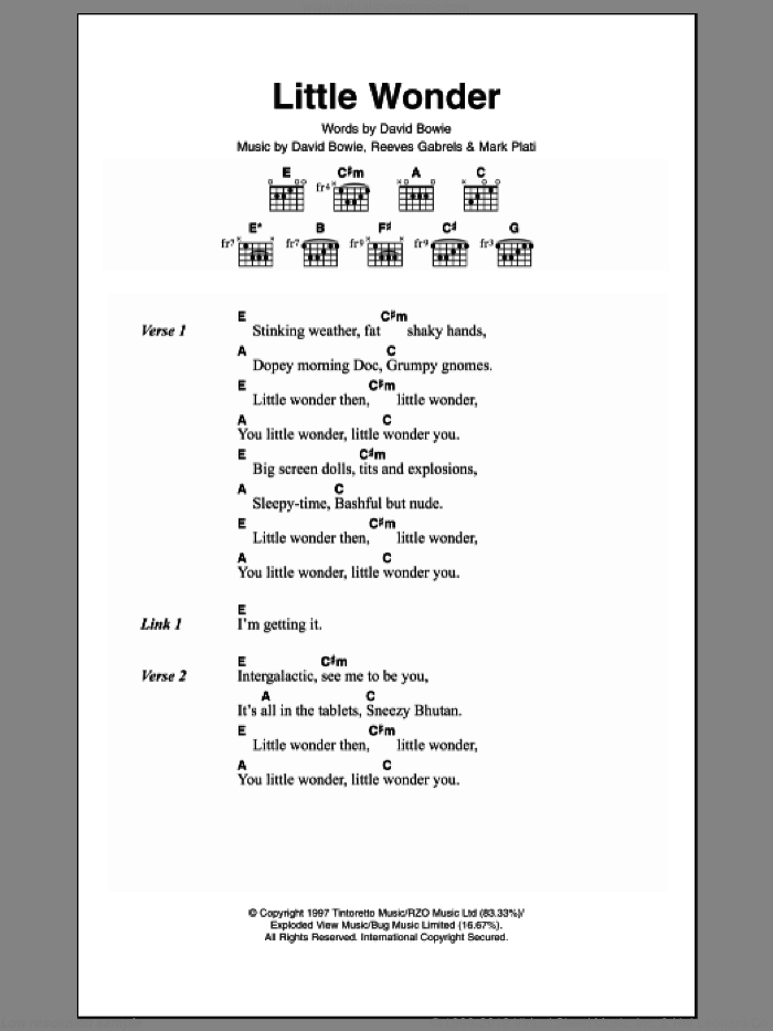 Little Wonder sheet music for guitar (chords) by David Bowie, Mark Plati and Reeves Gabrels, intermediate skill level