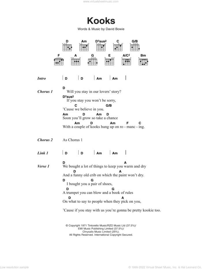 Kooks sheet music for guitar (chords) by David Bowie, intermediate skill level
