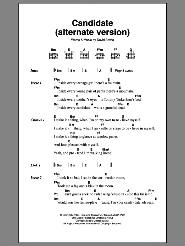 Candidate sheet music for guitar (chords) by David Bowie, intermediate skill level
