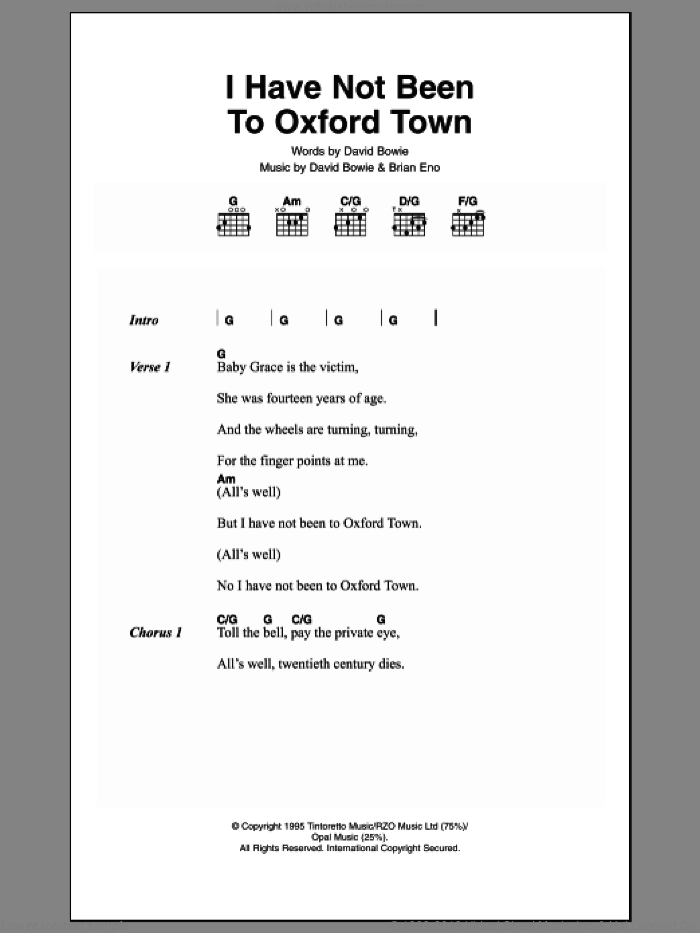 I Have Not Been To Oxford Town sheet music for guitar (chords) by David Bowie and Brian Eno, intermediate skill level