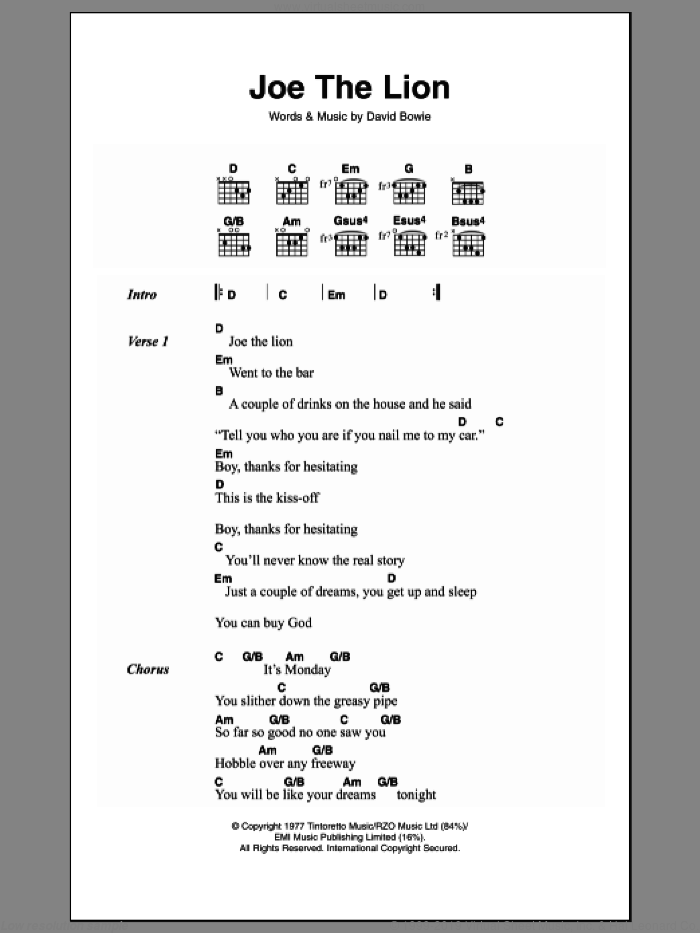 Joe The Lion sheet music for guitar (chords) by David Bowie, intermediate skill level