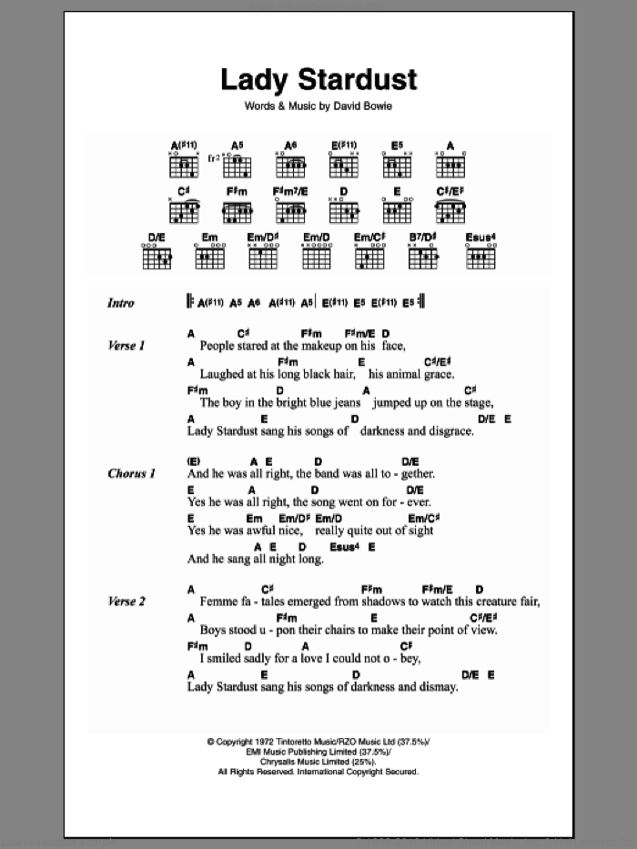 Lady Stardust sheet music for guitar (chords) by David Bowie, intermediate skill level