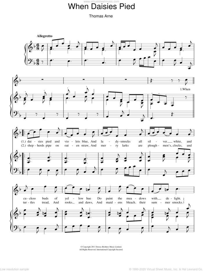 When Daisies Pied sheet music for voice and piano by Thomas Arne, intermediate skill level