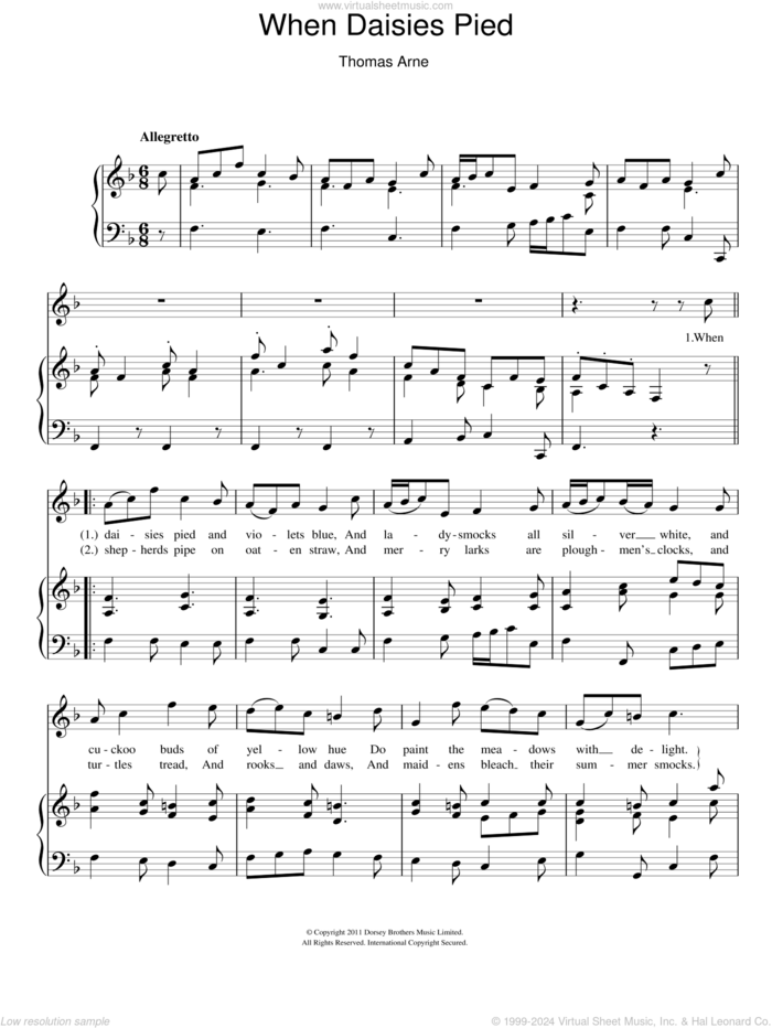 When Daisies Pied sheet music for voice and piano by Thomas Arne, intermediate skill level