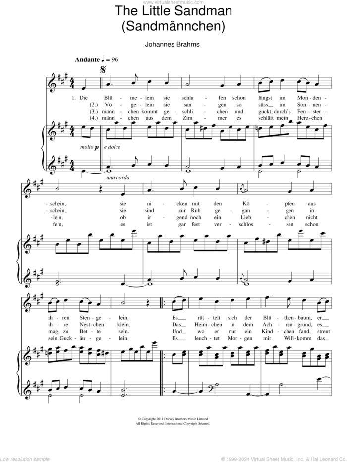 Sandmannchen (The Little Sandman) sheet music for voice and piano by Johannes Brahms, classical score, intermediate skill level